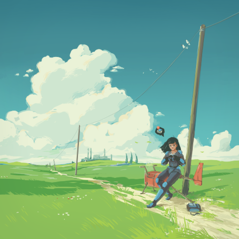Drawing of a girl stopped on a road surrounded by grass fields with big clouds at the horizon