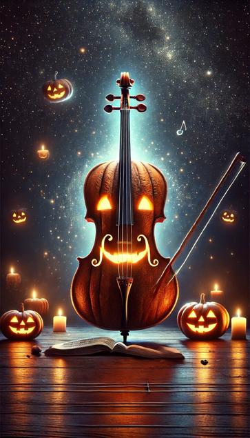 Image of a cello with wood that is the texture of a pumpkin, and glowing jack-o-lantern eyes in the top of the cello body. The glowing mouth is just below the bridge of the cello and there is a ghostly bow next to the cello. The cello is standing upright on an open spell book, and there are mini pumpkin candles on a hard wood floor, with their glowing reflections in the grain of the wood. There is a night sky background showing the Milky Way galaxy, and there are some floating mini pumpkin candles in the air. It is a friendly cello!