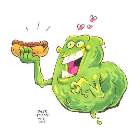 Pen and marker drawing of Slimer looking excitedly at a hot dog, hearts floating above their head. Dated October 31, 2023.