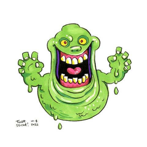 Pen and marker drawing of Slimer smiling menacingly at the viewer with grasping hands. Dated October 8, 2022.