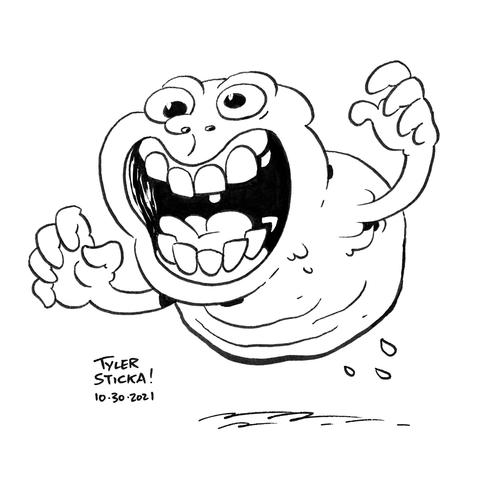 Pen drawing of Slimer goofily floating forward. Dated October 30, 2021.