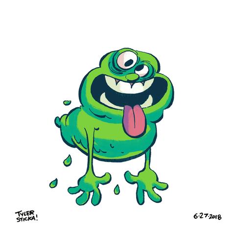 Digital drawing of Slimer with a long tongue and drippy bits. Dated June 27, 2018.