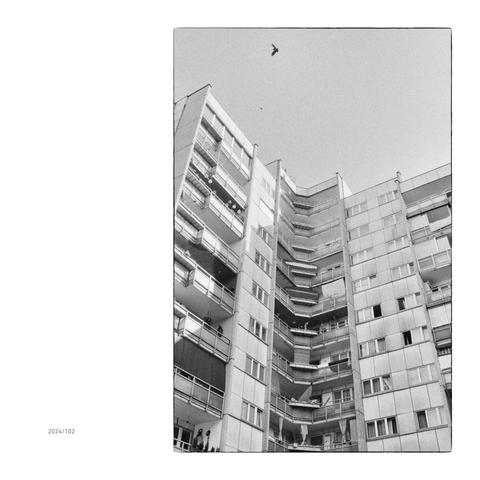 Innenhof von einem Wiener Gemeindebau-Plattenbau. Aufgescheuchte Vögel kreisen über dem Dachgeschoß.