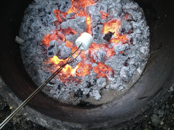 Red hot coals in a fire pit, with a marshmallow on a roasting stick held over them.