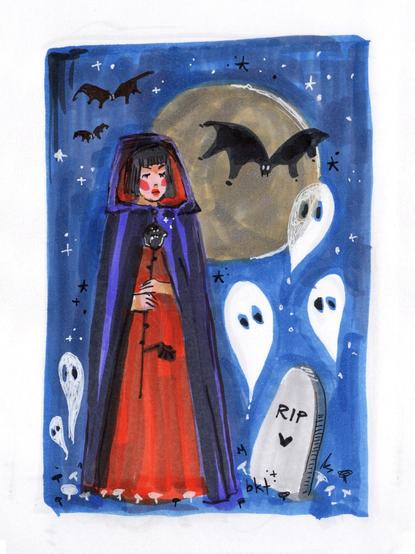 pen and marker sketch of a woman holding a black rose standing over a tombstone surrouned by spoopy ghosts, bats and a dark moon, little mushrooms at her feet