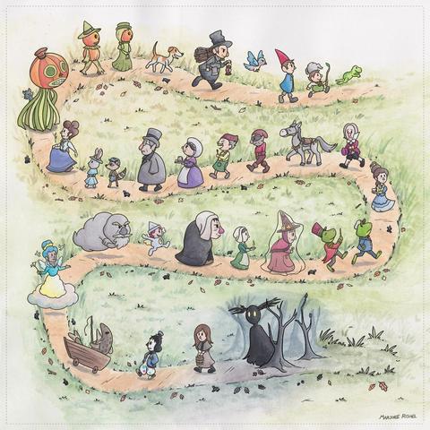 Many odd characters walk along a grassy path, strewn with autumn leaves. Simplified versions of characters from the cartoon miniseries Over the Garden Wall.