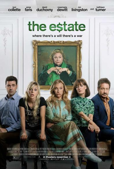 Ron Livingston, Anna Faris, Toni Collette, Rosemarie DeWitt and David Duchovny star in The Estate. They are arranged on a couch in this image. Behind them is a large portrait of their rich aunt, Kathleen Turner.