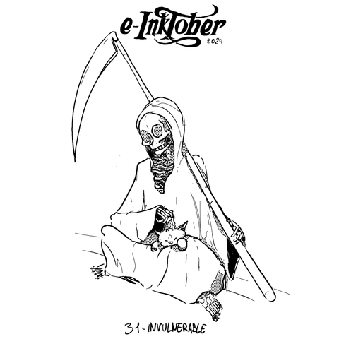 A black and white drawing of Death (the grim reaper) sitting cross-legged with a cat on His Lap.