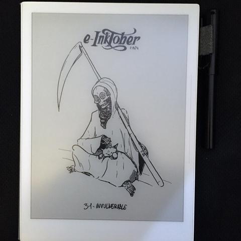 A photo of the same black and white drawing of Death, on the e-ink tablet it was drawn.