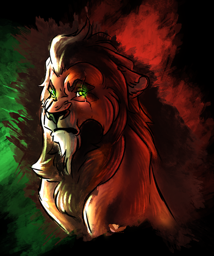 sketch/aqua style portrait of Scar from the Lion King

he looks pretty grumpy, with big red counterlight on the shadow to improve drama scenery