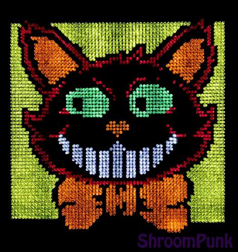 Lite brite art of a black cat styled like vintage Halloween decor, with a bow tie and a huge grin.