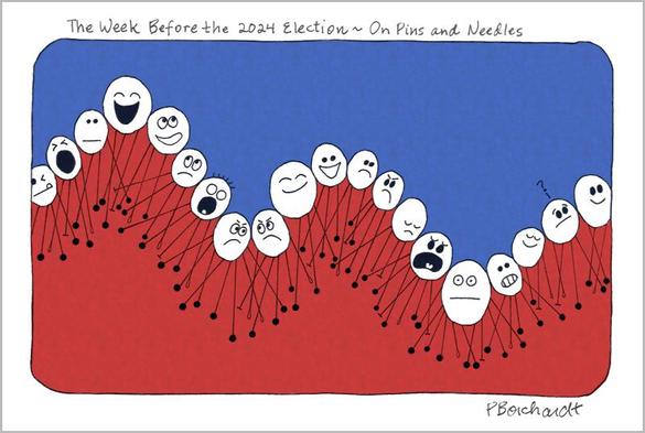 My art entitled "The Week Before the 2024 Election ~ On Pins and Needles" showing a range of smiley faces to frowny faces to screaming faces, all in an up-and-down row separated by red below and blue above. All the faces have pins and needles sticking into them.