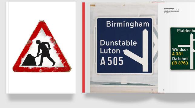 cover and pages from book. cover has the road sign for ‘men at work’ but has been changed to reflect a person in a dress. pages show UK road signage