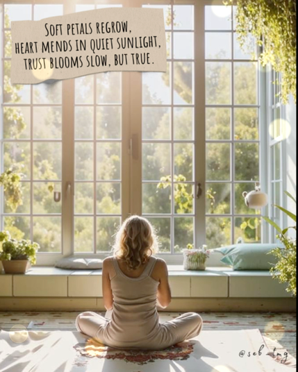 A woman sits cross-legged on a rug facing a large sunlit window, surrounded by plants and soft pillows. Sunlight streams in, casting warm, calming shadows across the room. Above her, a haiku reads:
“Soft petals regrow,
heart mends in quiet sunlight,
trust blooms slow, but true.”
