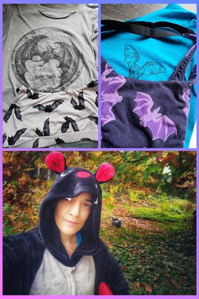 Three -photo collage. One is a light grey t-shirt with a black Edward Gorey bat drawing on the front, paired with a light grey bra with black bats. The second is a bright blue t-shirt with a small line drawing of a bat with outstretched wings on the left chest, with a dark blue bra with a purple bat design. Bottom is a selfie standing in my mom's yard among fall -colored trees and fallen leaves in a black, red, and white bat onesie.
