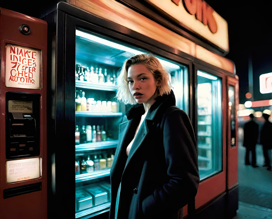 a photographic depiction of a humanoid individual in an overcoat standing in front of a set of vending machines on a nighttime urban sidewalk