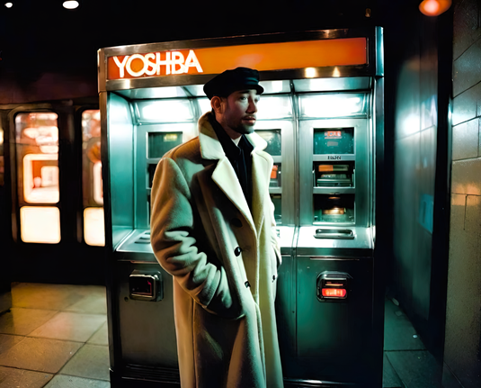 a photographic depiction of a humanoid individual in an overcoat standing in front of vending machines in the lobby of an urban building with dim nighttime lighting