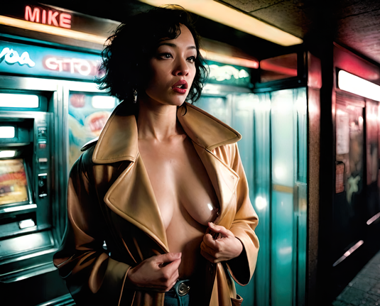 a photographic depiction of a humanoid individual in an overcoat standing in front of a row of vending machines in a dim urban corridor