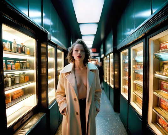 a photographic depiction of a humanoid individual in an overcoat standing in a corridor lined with food vending equipment on both walls