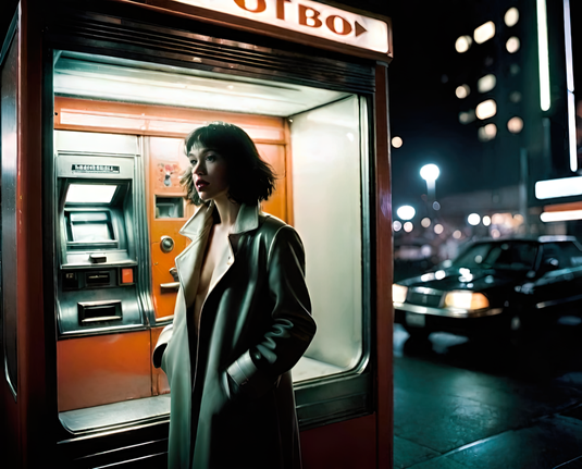 a photographic depiction of a humanoid individual in an overcoat standing in front of a vending kiosk on a nighttime urban sidewalk