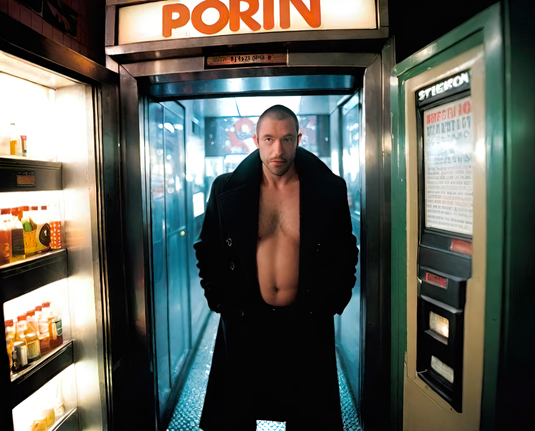 a photographic depiction of a humanoid individual in an overcoat standing in a narrow hallway lined with food vending machines