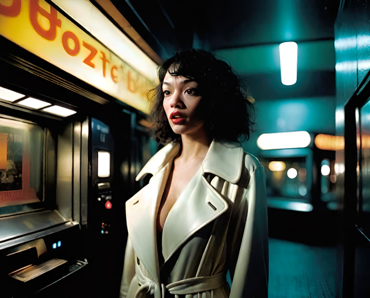 a photographic depiction of a humanoid individual in an overcoat standing in an interior aisle lined with vending machines