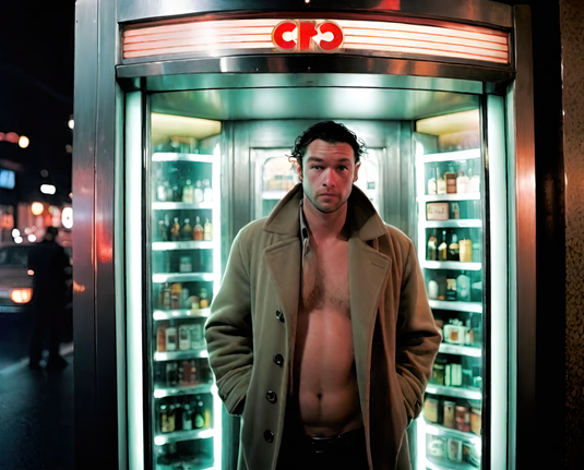 a photographic depiction of a humanoid individual in an overcoat standing in front of an exterior vending kiosk in a nighttime urban scene