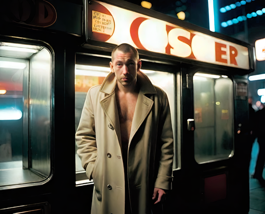 a photographic depiction of a humanoid individual in an overcoat standing in front of a vending kiosk in an exterior nighttime urban setting