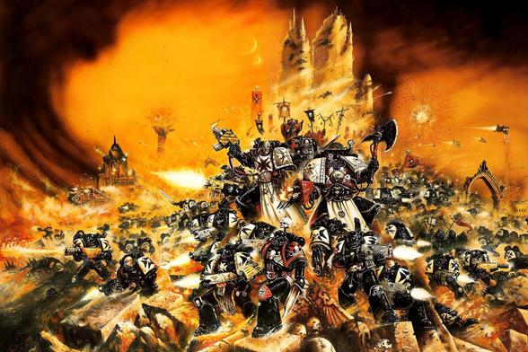 Depicts space marines in heavy armor fighting in a wasteland of a planet.

Bosch by way of 90s action figures design aesthetics.

The dark ages with the depression and awe of it projected thousands of years into the future.

Painting by John Blanche