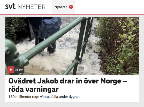 Ovädret ”Jakob” drar in över Norge
180 millimeter regn väntas falla under dygnet