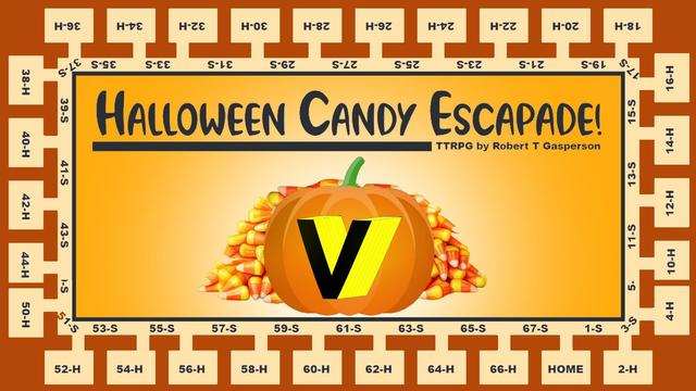 A picture of a pumpkin in front of piles of candy corn with Varietal Literature's logo on it. The border of the picture is squares of a board game. Overlaid text: Halloween Candy Escapade! - TTRPG by Robert T Gasperson