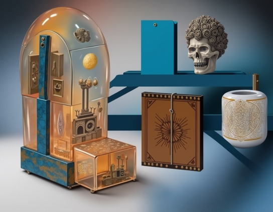 An eclectic collection of surreal artifacts featuring a skull with rosettes of clay stuck on top like a toupee, decorative relics, ornate containers, and a tied up book.
