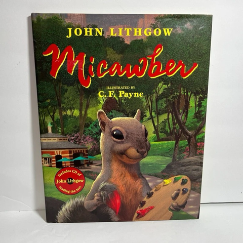 The cover of a children’s storybook called Micawber, with a squirrel in the centre of the front cover and a park like area in the background.