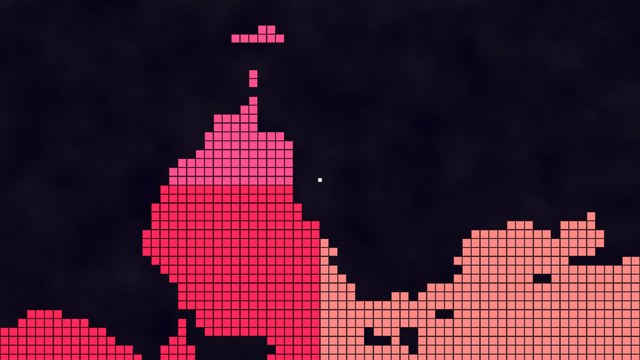 White square surrounded by pink, red and beige procedurally generated 2D terrain in space