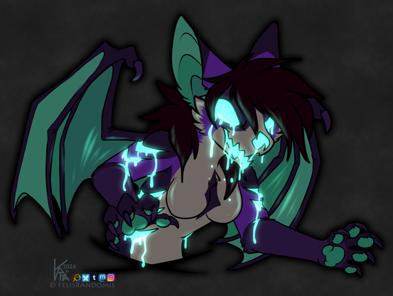 Digital art of a bat character with their face cut similar to a jack-o-lantern, glowing teal and leaking.