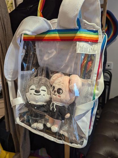 Two Skzoo stuffed toys (PuppyM and Wolf Chan) inside a transparent backpack with rainbow trim