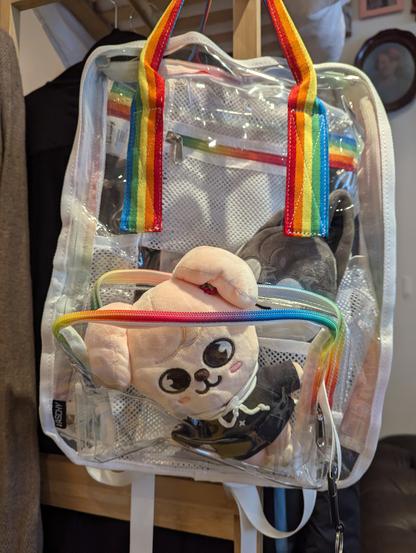 Two Skzoo stuffed toys (PuppyM and Wolf Chan) inside a transparent backpack with rainbow trim
