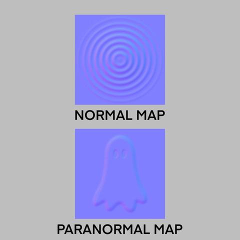 Two video games textures are pictured. The first one depicts bumpy concentric rings, labeled "Normal Map." The second one depicts a ghost, labeled "Paranormal Map."