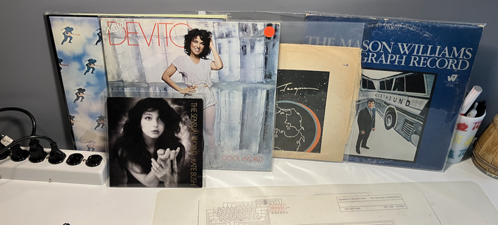 A collection of records, featuring Karla DeVito’s Is This a Cool World or What?, Kate Bush’s The Sensual World, a Soviet-era record with Yuri Gagarin on the cover, and Mason Williams’ The Mason Williams Phonograph Record. Each record is carefully sleeved to prevent further "character-building" wear.

Kate Bush originally wanted to use text from James Joyce’s Ulysses for The Sensual World, but his estate declined—because, really, what modern music collection doesn’t need a touch of century-old Irish prose? So, she improvised.