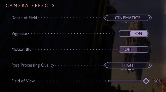 Screenshot of the "Camera effects settings" for DA Veilguard. Of particular interest are settings for motion blur (off) and a Field of View slider (maxed out at 160%)