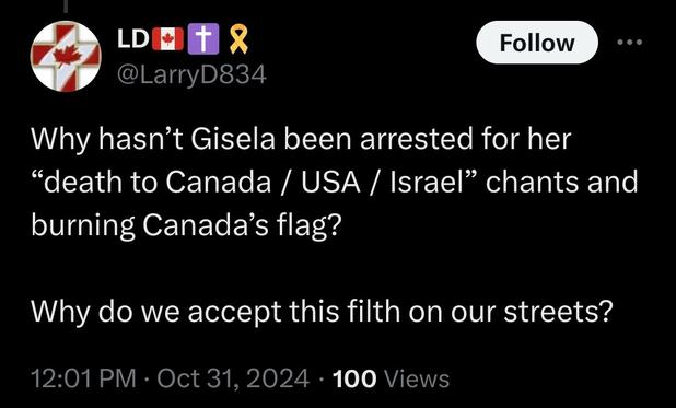 BirdChan screenshot:

Why hasn't Gisela been arrested for her death to Canada/ USA/ Israel chants and burning Canada's flag?

Why do we accept this filth on our streets?