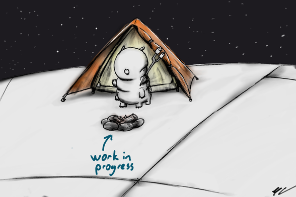 A jolly tardigrade camping on the hull of a federation starship. Has a small tent, marshmallow skewer, and a good attempt at building a camp fire in space.