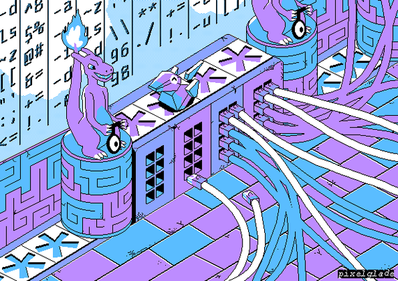 Porygon is moving across asterisk tiles on a raised platform. Ethernet cables connect below and there is a Charizard seal on either side, and digital character glyphs engraved on the wall behind it.