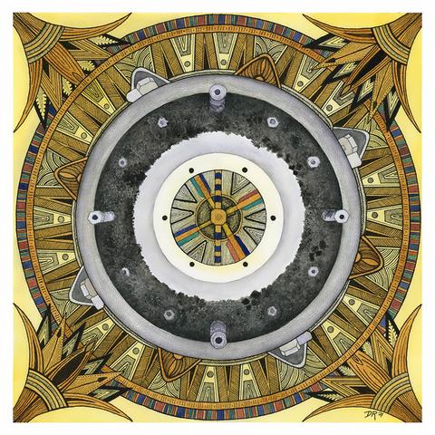 DUST OF OSIRIS by Danielle Rose Baker. A painting of the top-down view of the opened sample return capsule from the OSIRIS-REx mission to asteroid Bennu. Circular sections and hexagonal bolts are seen among the rocky material in the middle ring, framed by lotus flower motifs and patterned circles with geometric ink designs drawn in an ancient Egyptian style with gold accents. A ring of painted turquoise, lapis and carnelian rectangles accented with gold surrounds the inkwork. Inspired by the decorative motifs of Tutankhamen’s treasures, and the Art Deco-tinged Egyptian Revival movement that arose from the discovery of said treasures.