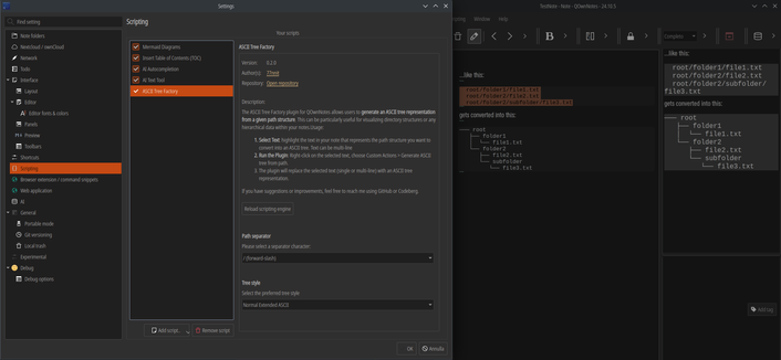 A screen capture of QOwnNotes application showing the ASCII Tree Factory script settings