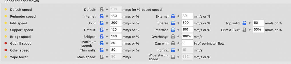 Speed for Print Moves
Default speed: 100 mm/s (for %-based speed adjustments).
Internal: 150 mm/s for internal parts of the model.
Solid: 200 mm/s for solid layers.
Default (Infill): 120 mm/s for general infill areas.
Bridges: 140 mm/s for bridge areas.
Gap fill: 30 mm/s for filling small gaps.
Thin walls: 80 mm/s for narrow walls.
External: 80 mm/s for outer perimeter.
Sparse: 300 mm/s for sparse infill.
Interface: 100 mm/s for support interface layers.
Top solid: 60 mm/s for the topmost solid layer.
Brim & Skirt: 50% of perimeter speed.