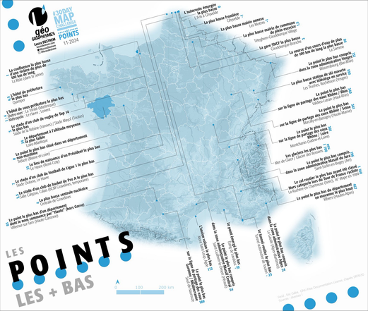 Carte localisant une sélection de points parmi les plus bas en altitude en France selon diverses thématiques.