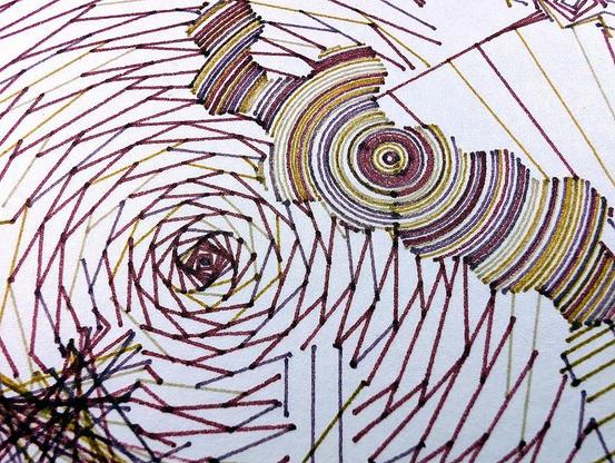 A deeply intricate pen plotter piece inspired by wave function collapse. Its dynamic, sweeping lines and swirling intersections echo the chaos of a mind struggling in the storm. The layers of lines symbolize descent, revealing the intricate, uncontrollable patterns of thought, emotion, and the universe. The artwork's abstract nature allows the viewer to feel the intensity of forces beyond control, blending physical and mental states into one visual narrative.