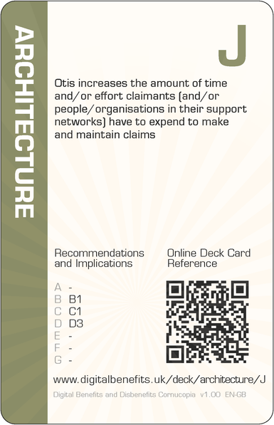 Image of the DBD Cornucopia Jack of Architecture card with text 'Otis increases the amount of time and/or effort claimants (and/or people/organisations in their support networks) have to expend to make and maintain claims'