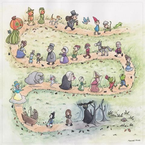 Many odd characters walk along a grassy path, strewn with autumn leaves. Simplified versions of characters from the cartoon miniseries Over the Garden Wall.